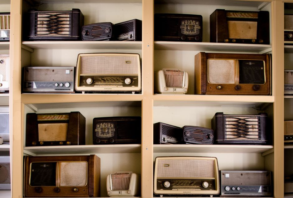 Old discontinued electronics gadgets on a shelf