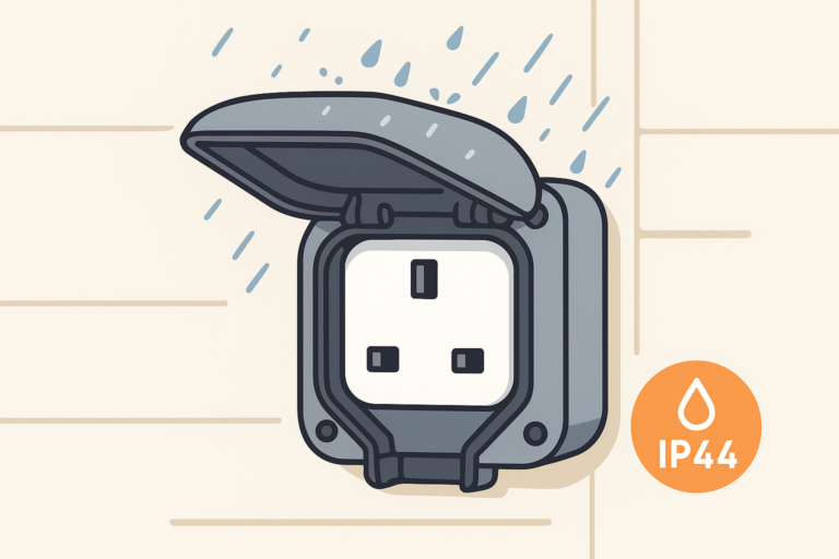 Illustration of a weatherproof IP44 outdoor smart plug enclosure with a UK socket