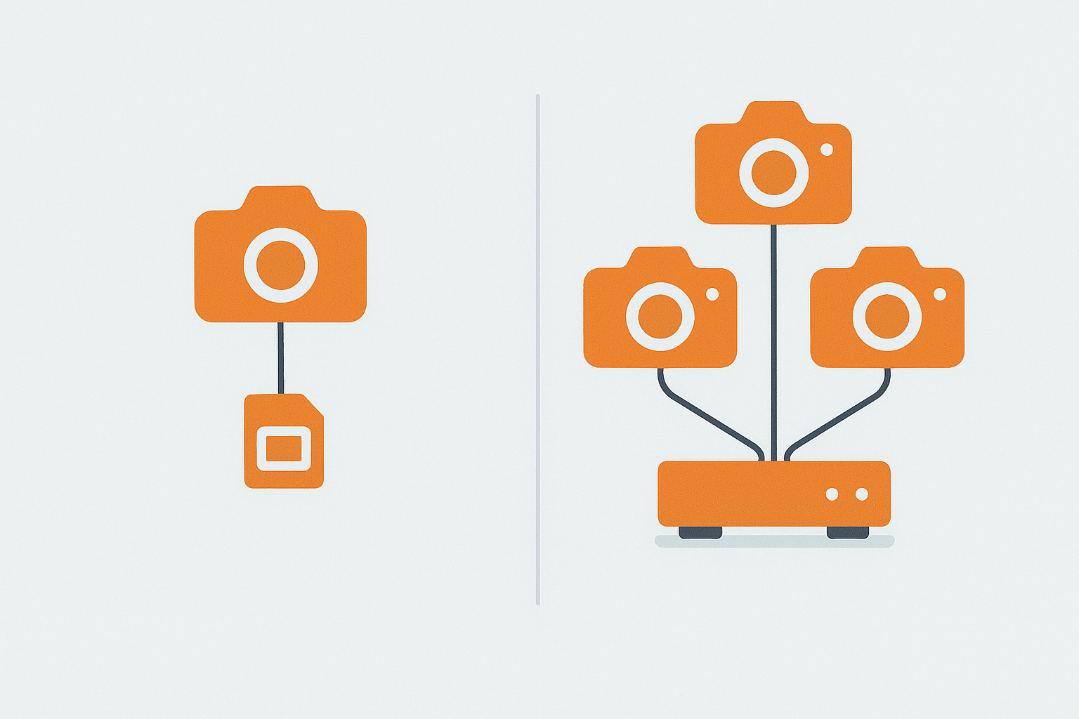 Diagram comparing a standalone camera with SD card storage versus multiple cameras feeding one NVR