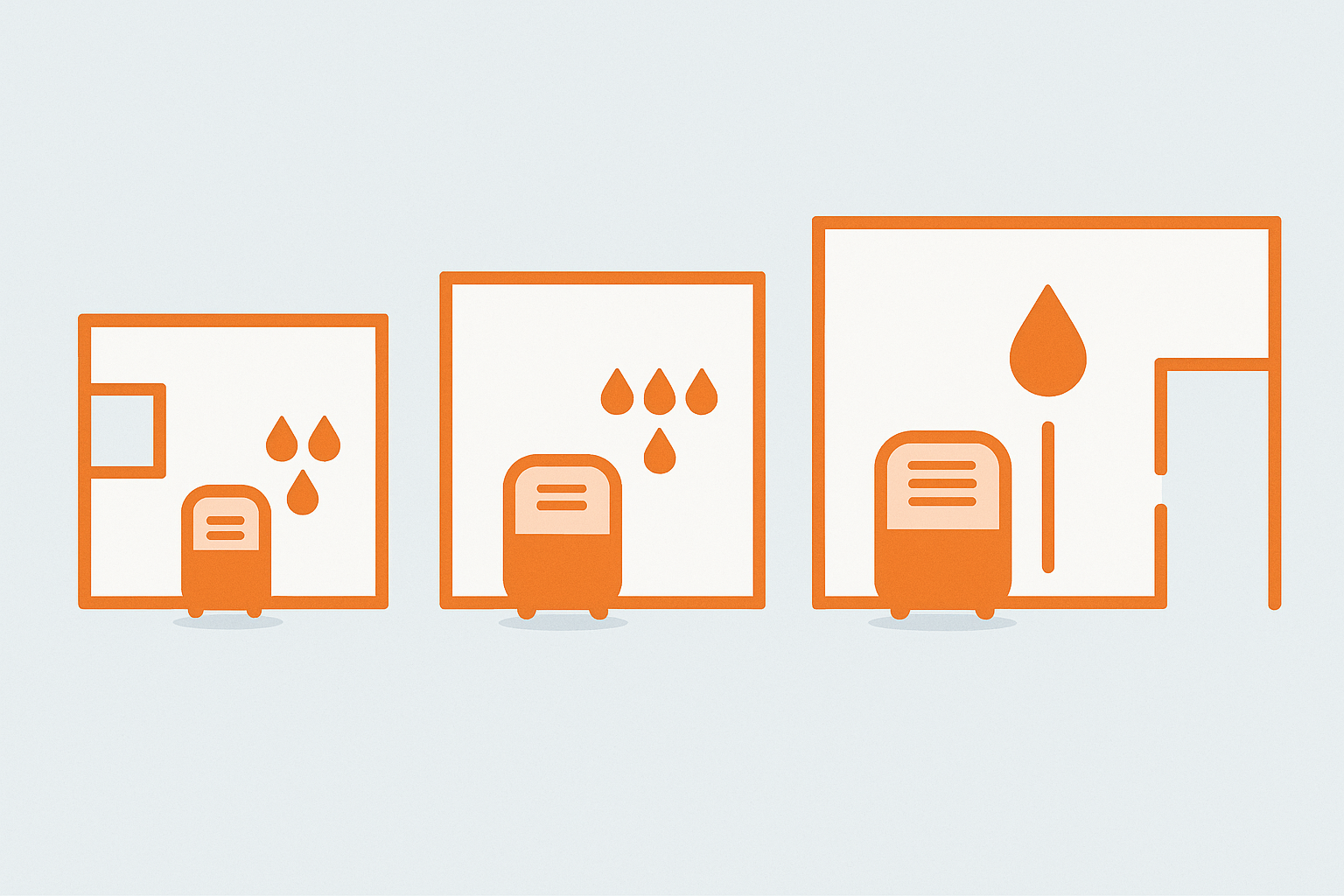 Diagram showing dehumidifier extraction capacity needed for different room sizes