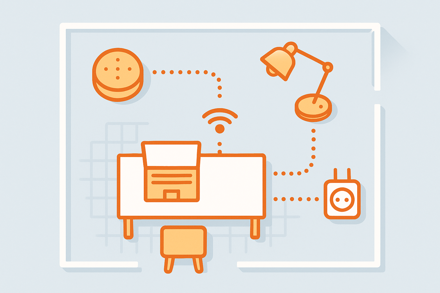 Illustration of a smart home office desk with connected devices