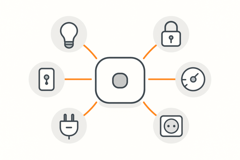 Illustration of a smart home hub connecting to lights, locks, plugs and sensors