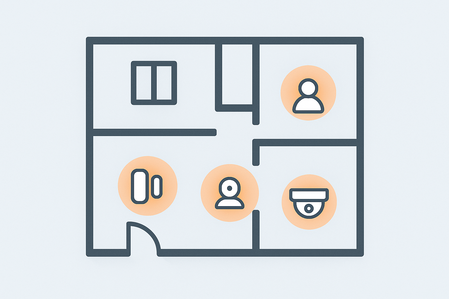 Illustration of security sensor coverage across a house floor plan