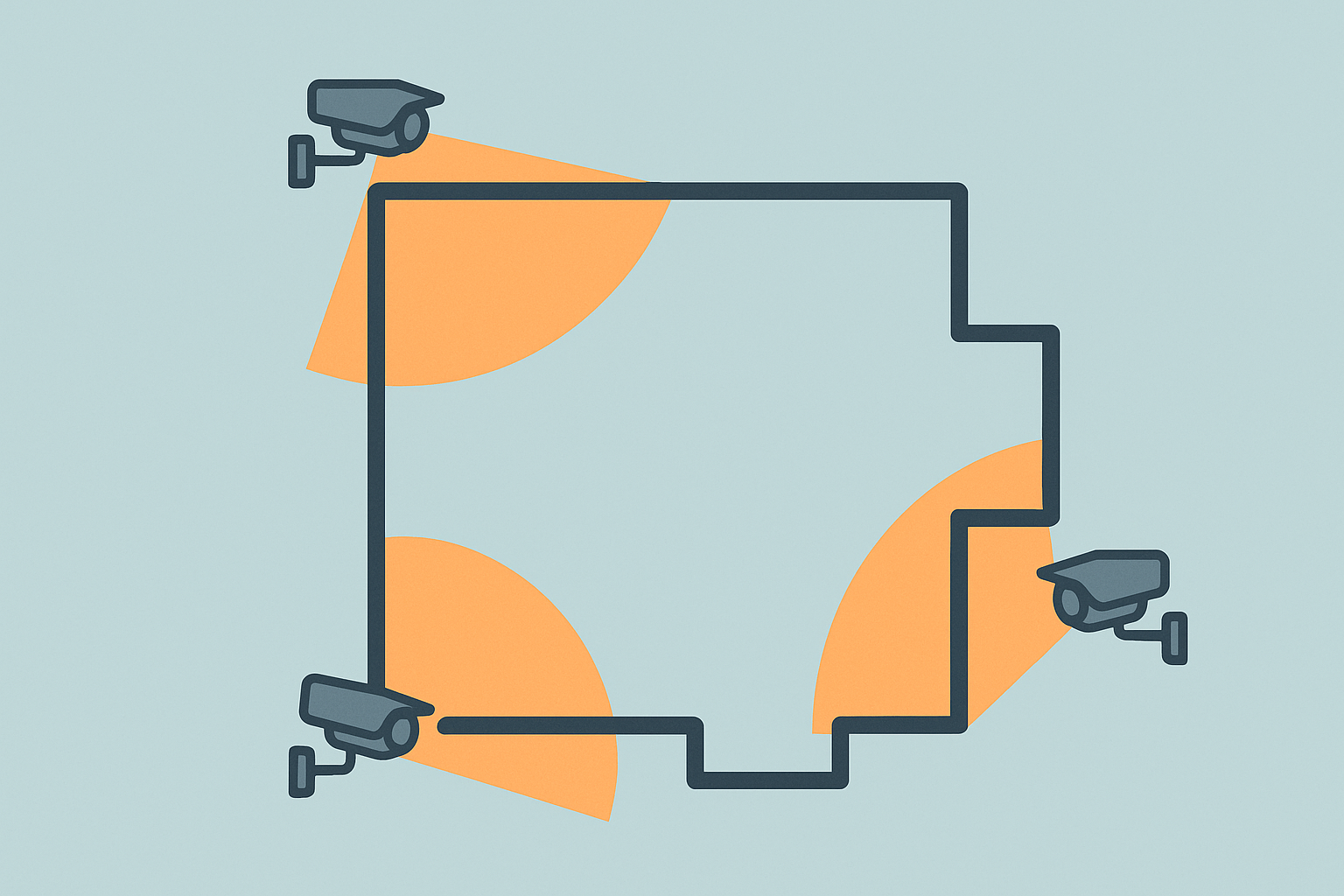 Diagram of security camera placement providing full coverage around a house