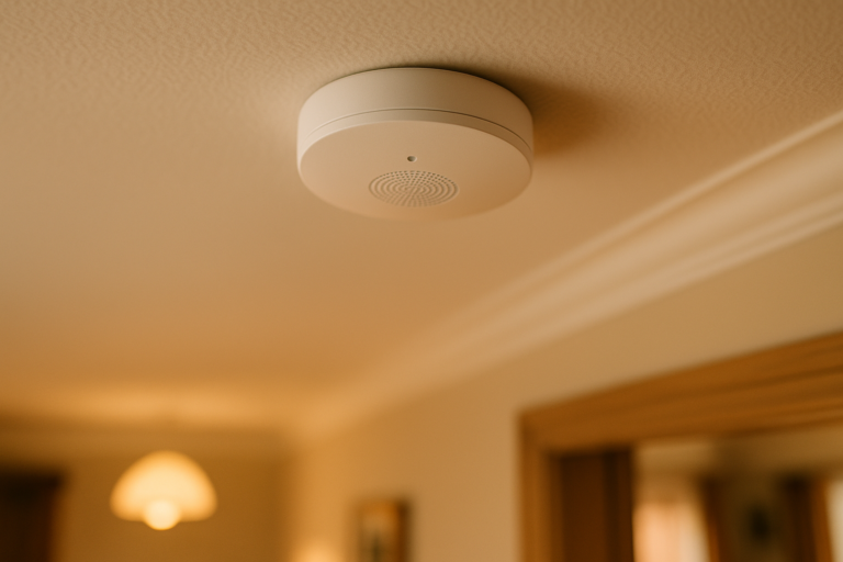 A round white smart smoke alarm mounted on a ceiling in a UK home