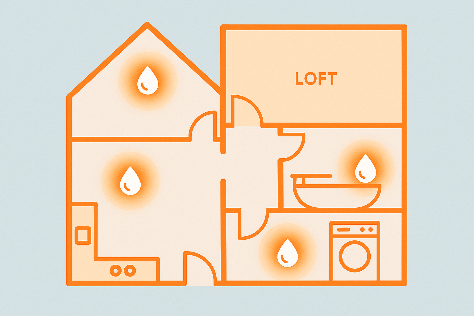 Floor plan diagram showing where to place water leak sensors around a home