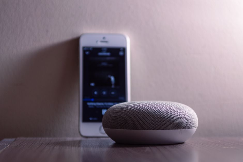 Google Nest smart speaker on a kitchen counter