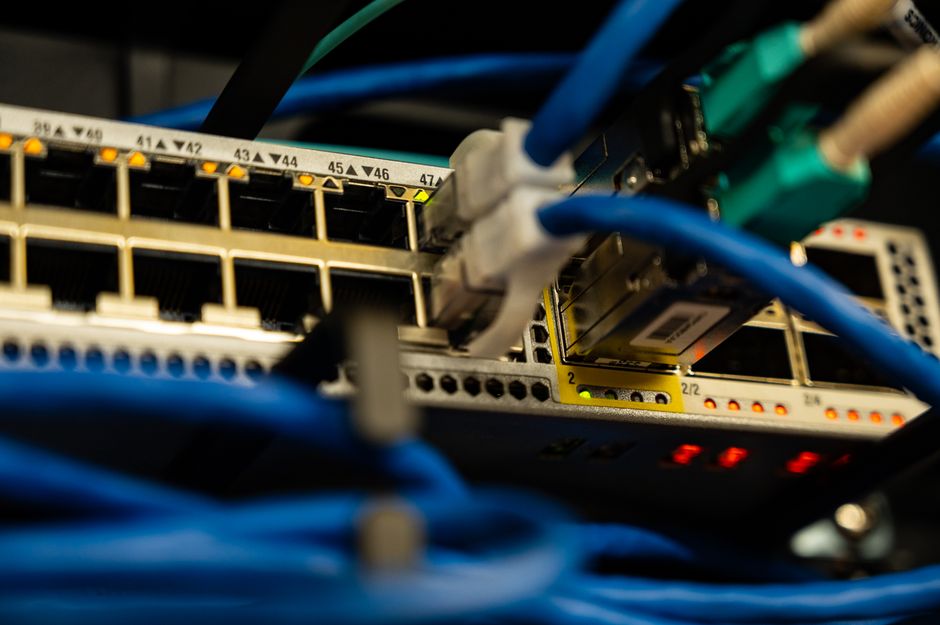Ethernet network cables plugged into a router
